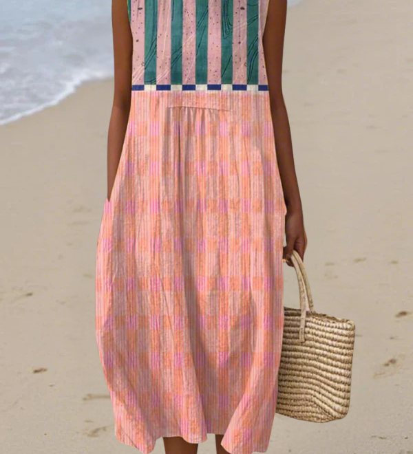 Lily™ pastel striped midi dress, sleeveless with gathered waist and pleated skirt