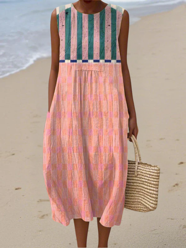 Lily™ pastel striped midi dress, sleeveless with gathered waist and pleated skirt