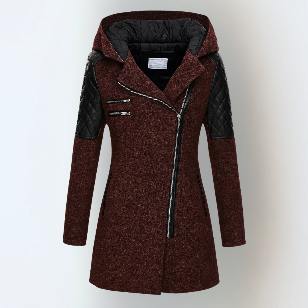 Women’s winter parka coat in burgundy red with hood, front zipper, quilted black sleeves