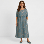 Casual midi dress in teal blue with tan floral print, half sleeves, gathered waist