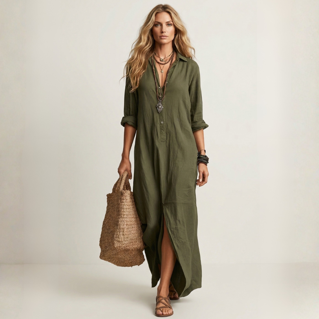 Olive green long button-front dress with V-neck, 3/4 sleeves, side slit