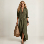 Olive green long button-front dress with V-neck, 3/4 sleeves, side slit