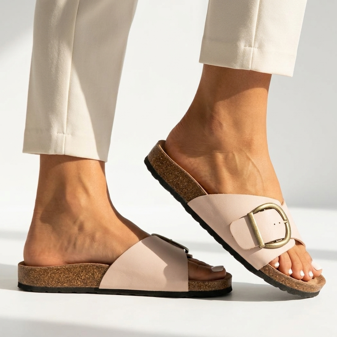 Laura summer sandals, light beige slide with oval gold buckle and cork sole