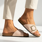 Laura summer sandals, light beige slide with oval gold buckle and cork sole