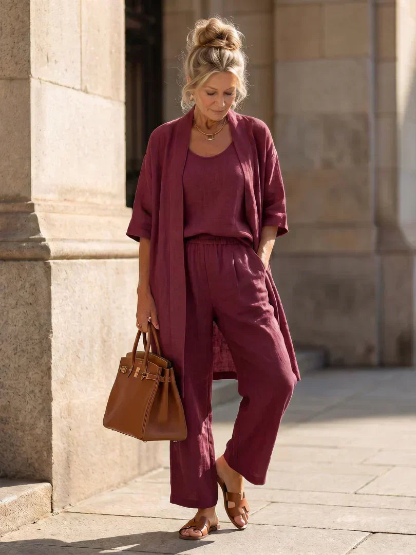 Lightweight lingerie set in burgundy: scoop-neck top, wide-leg pants, short robe