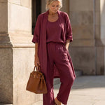 Lightweight lingerie set in burgundy: scoop-neck top, wide-leg pants, short robe