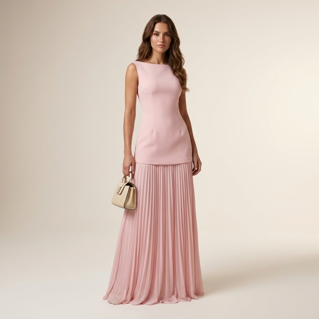 2-piece set with pale pink sleeveless top and pink pleated maxi skirt