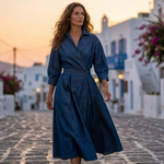 Lana denim elegant dress with collar, blue solid, long sleeves, tied waist