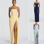 Corset maxi formal dress with draped bodice and side slit, yellow