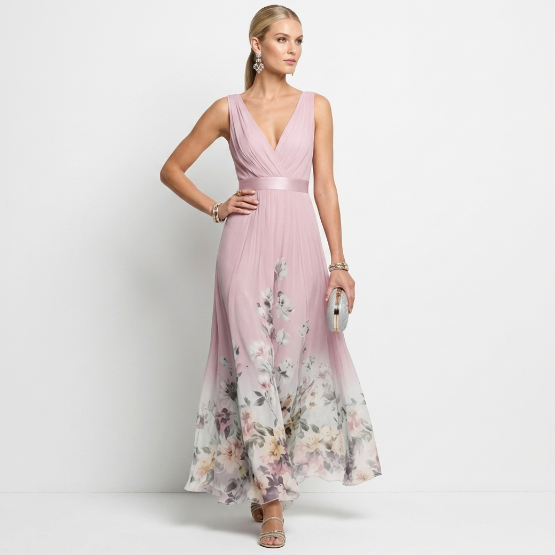 Blush pink chiffon floral maxi dress with V-neckline and sleeveless fitted bodice