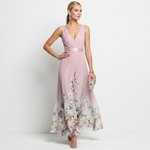 Blush pink chiffon floral maxi dress with V-neckline and sleeveless fitted bodice