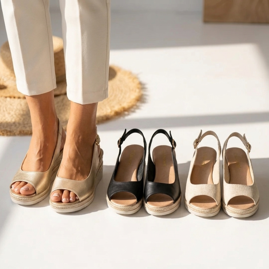 Orthopedic summer wedge sandals set: black, gold, taupe, and beige open-toe strap styles