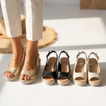 Orthopedic summer wedge sandals set: black, gold, taupe, and beige open-toe strap styles