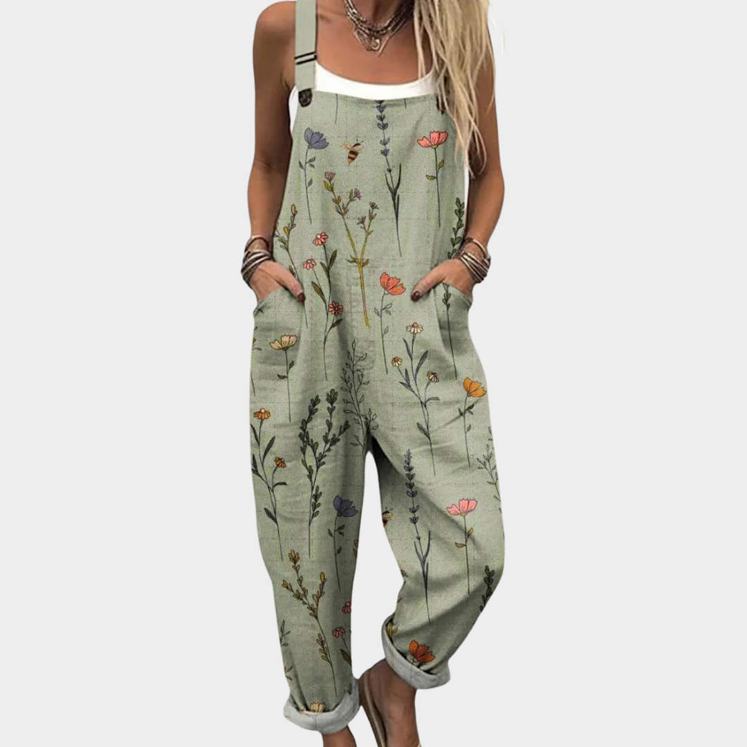 Relaxed green printed overalls with adjustable straps and side pockets