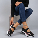 Black knit summer slip-on orthopedic shoes with ankle chain strap and floral embroidery