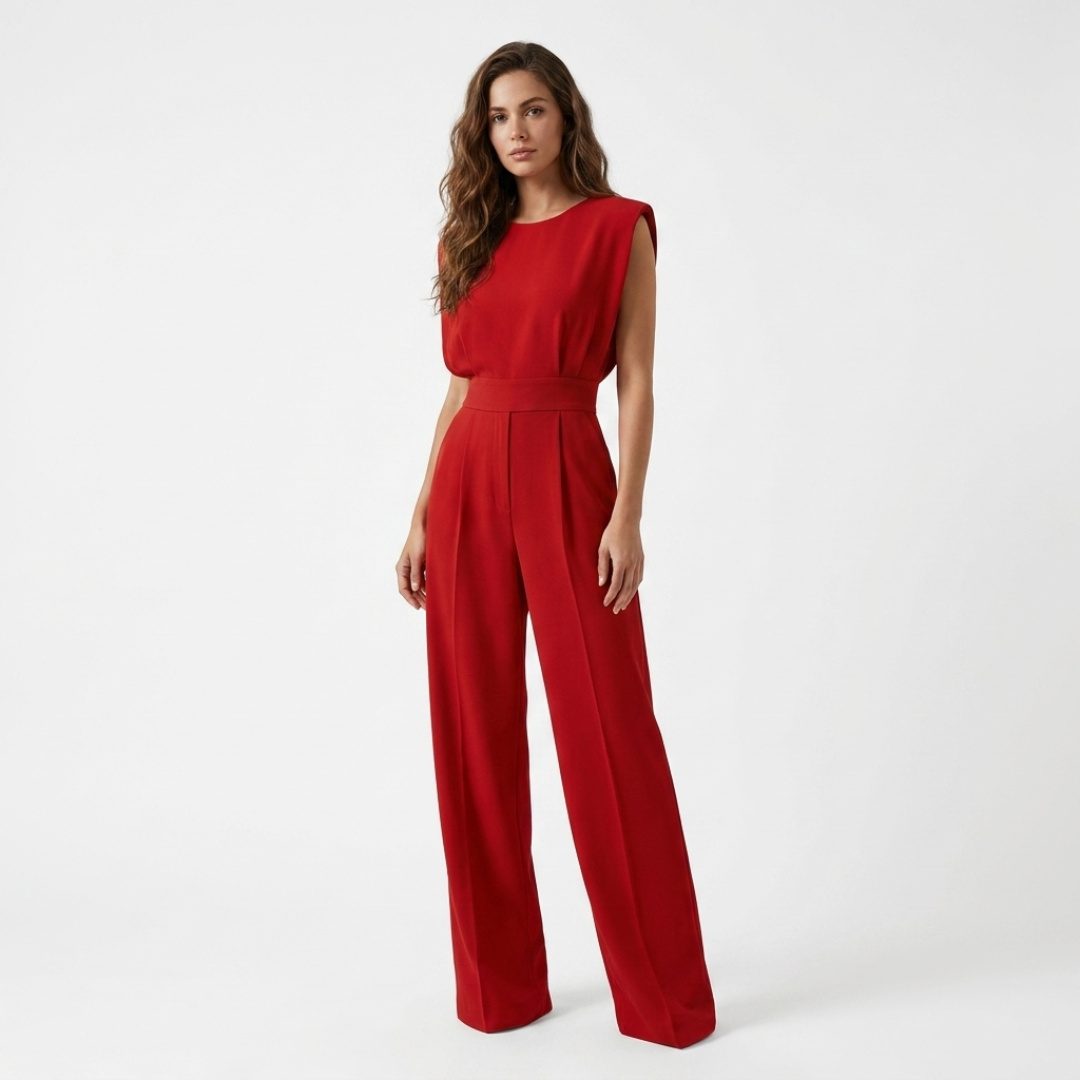 Red belted sleeveless jumpsuit with high waist and wide-leg pants