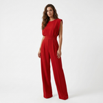 Red belted sleeveless jumpsuit with high waist and wide-leg pants