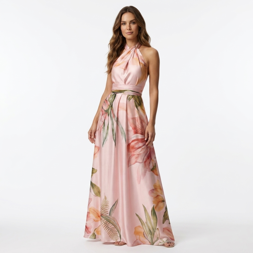 Anca halter neck floral maxi dress, soft pink base with large blossoms and sash belt