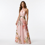 Anca halter neck floral maxi dress, soft pink base with large blossoms and sash belt