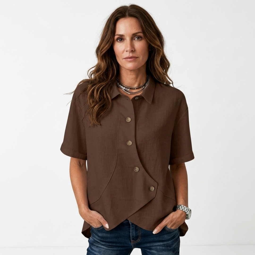 Brown asymmetric button-up blouse, short sleeves, point collar, curved hem detail