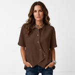 Brown asymmetric button-up blouse, short sleeves, point collar, curved hem detail
