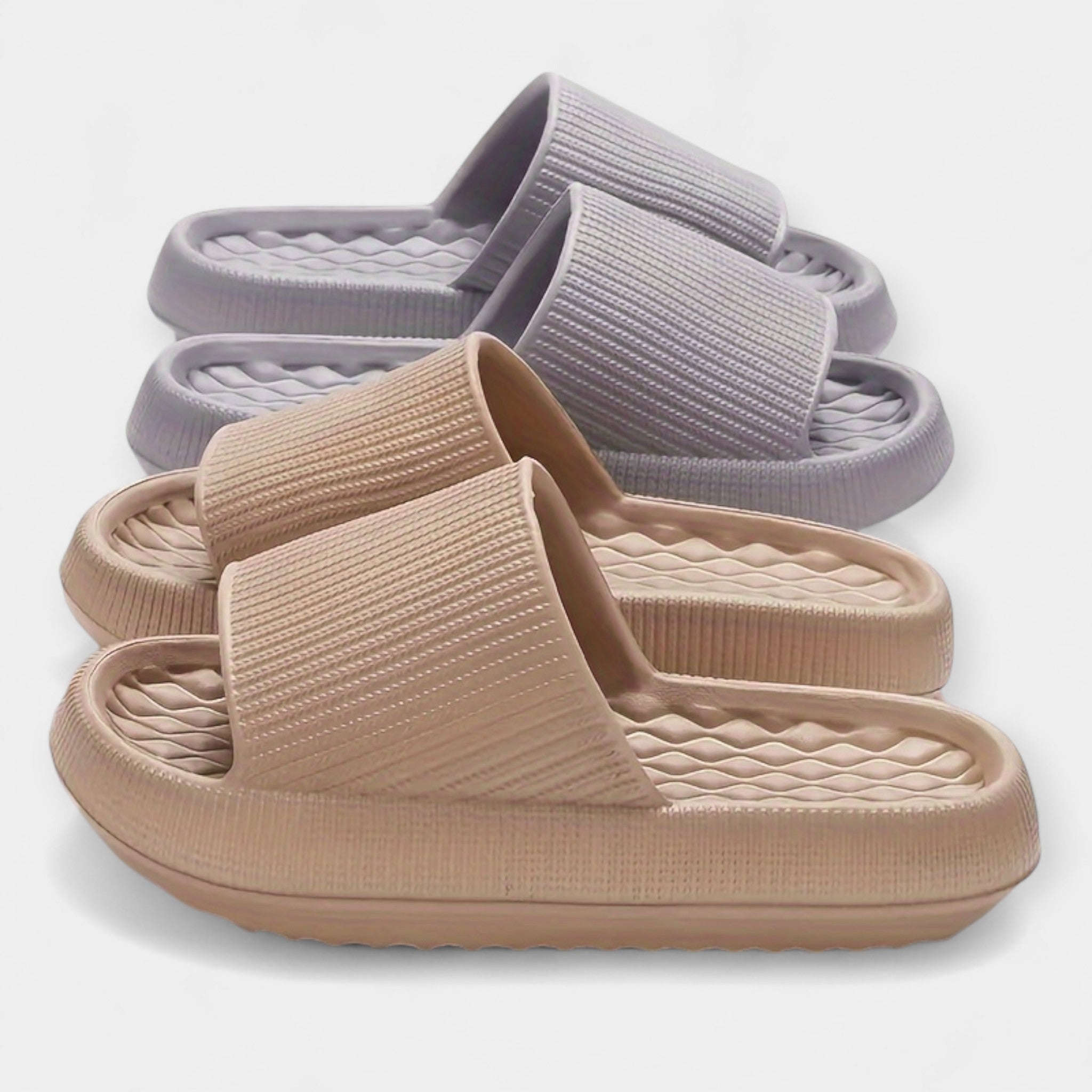 Mixed-color textured slide sandals with thick cushioned soles and wide straps