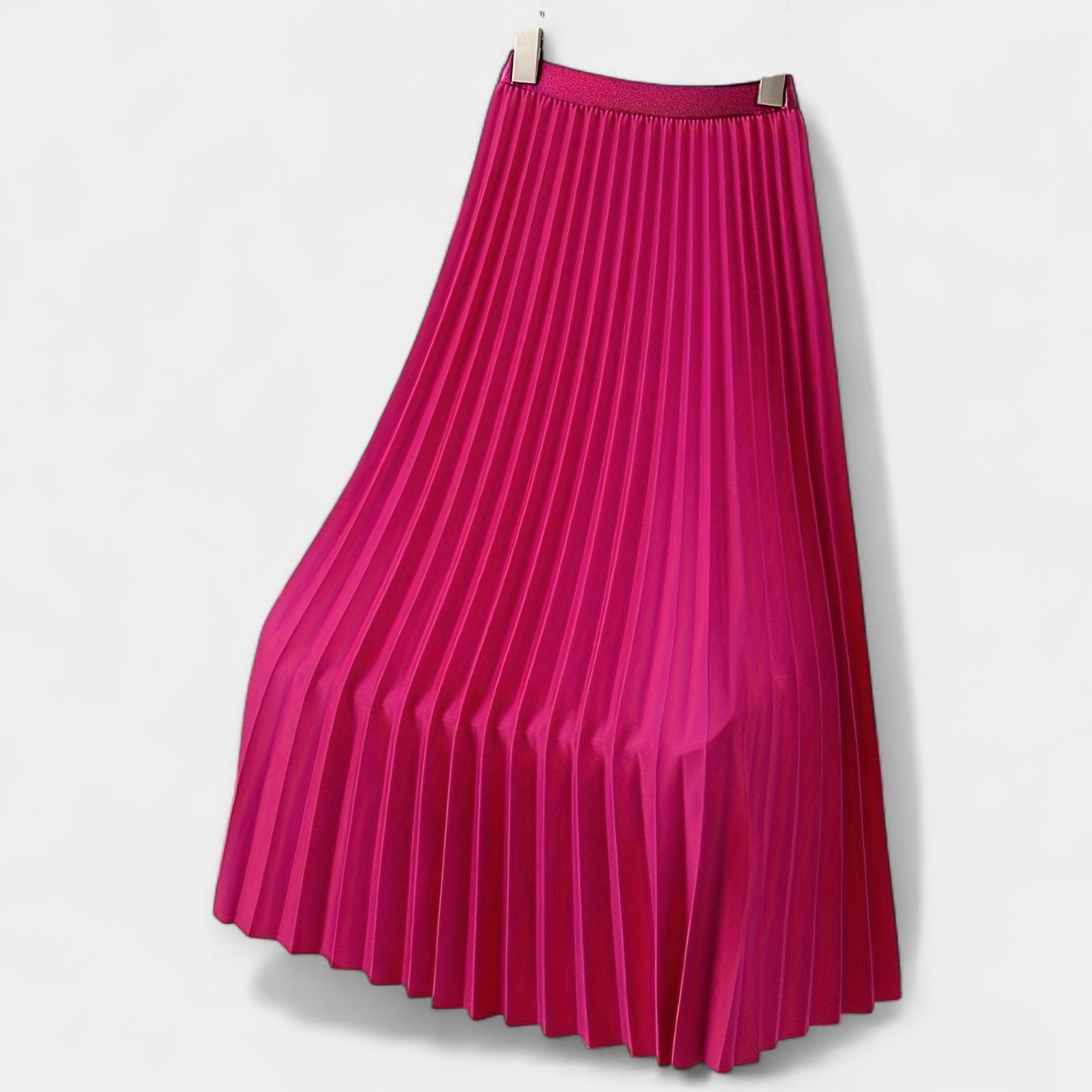 Long pleated satin skirt, fuchsia with elastic waistband and full A-line silhouette.