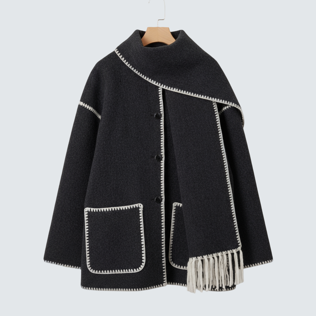 Dark gray wool coat with integrated scarf, white contrast trim, two front flap pockets