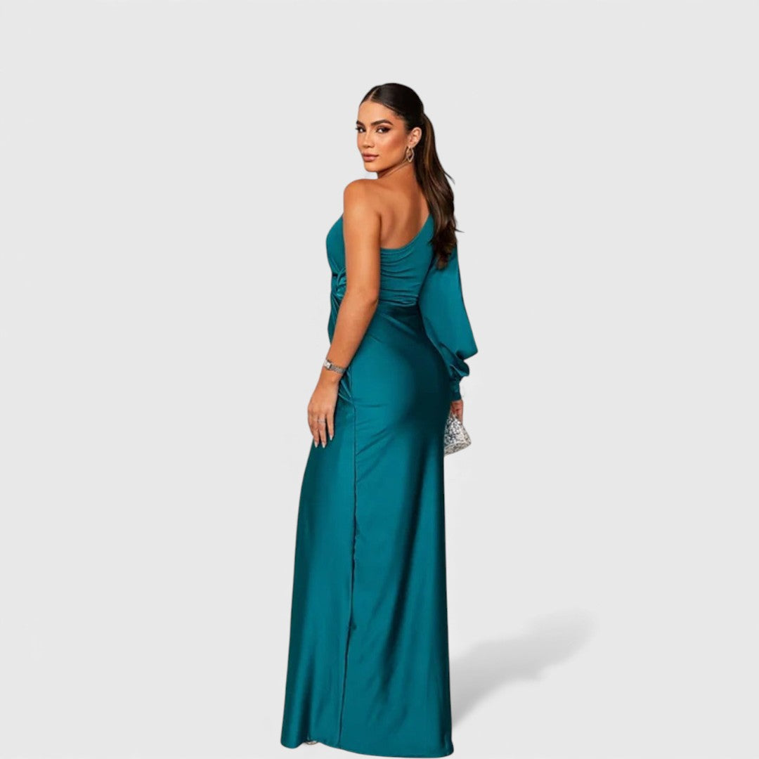 Teal one-shoulder maxi evening dress with draped overlay and side slit