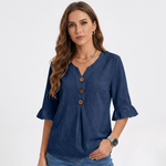 Navy-blue linen-look blouse with V-neck, three-button front, and flared 3/4 sleeves