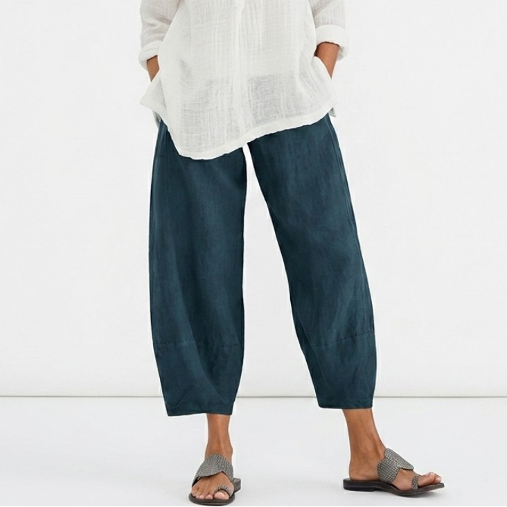 Dark blue lightweight summer pants, relaxed fit with cropped ankle hem