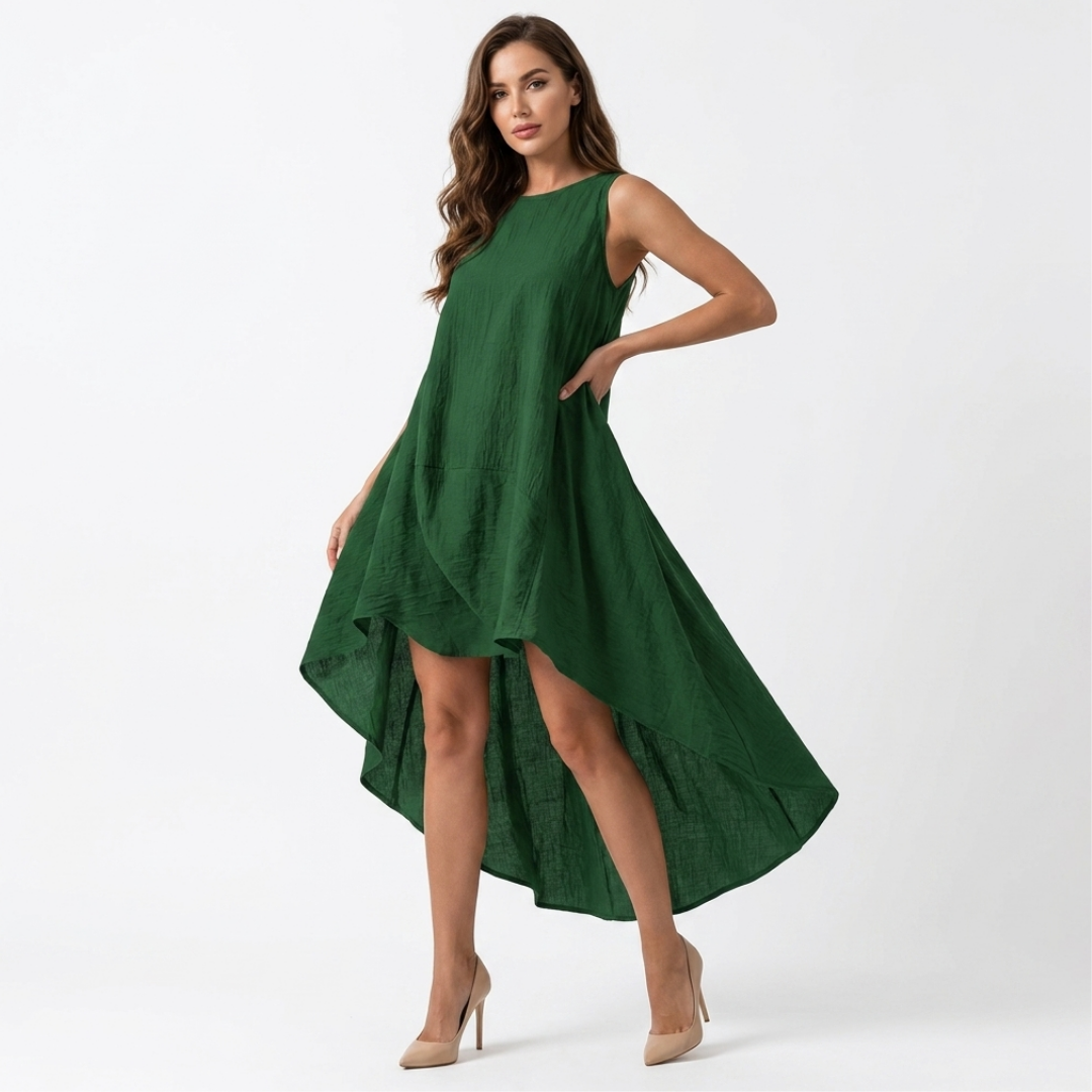 Sleeveless green high-low dress with asymmetrical hem