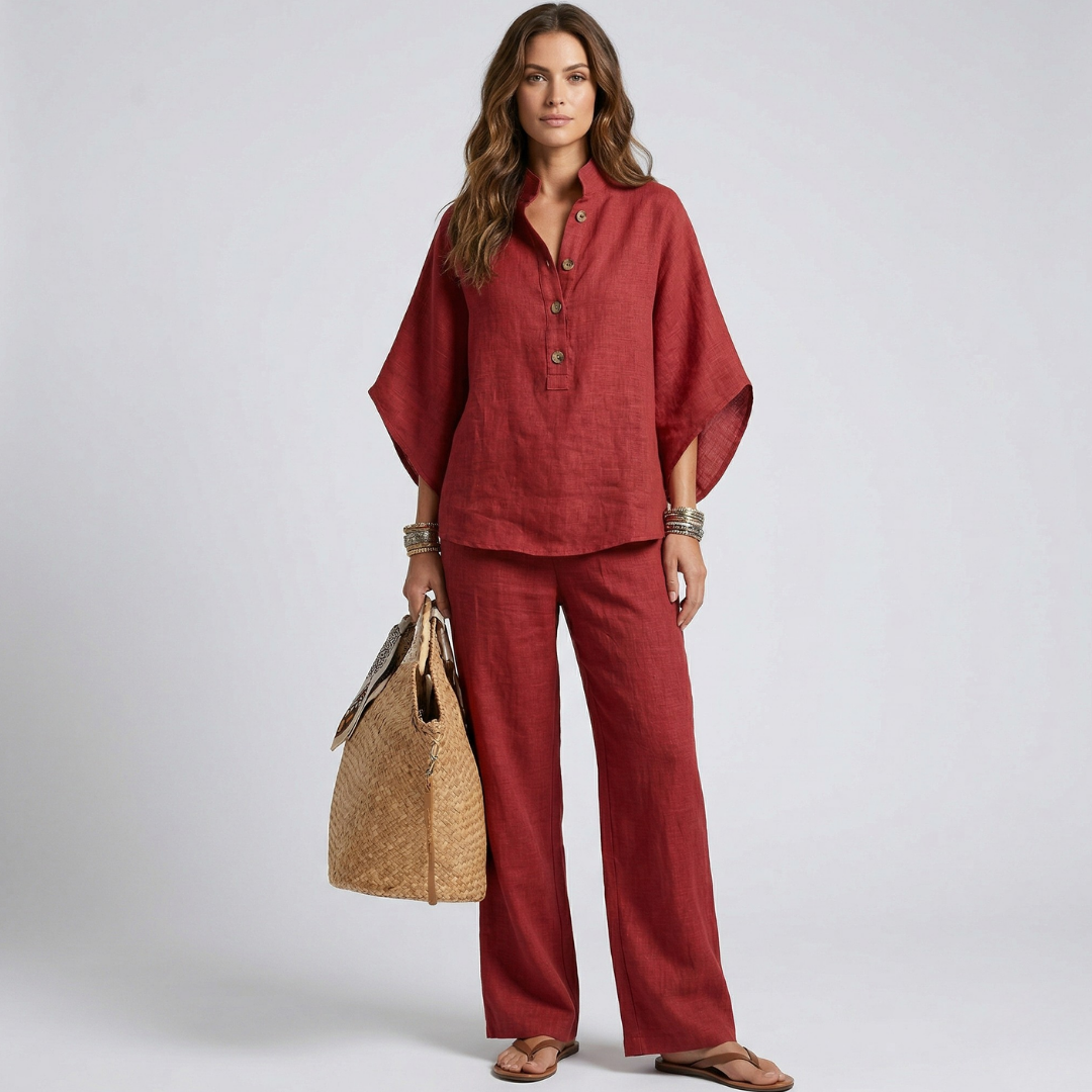 Red button-front tunic and wide-leg pants set, loose fit with 3/4 sleeves