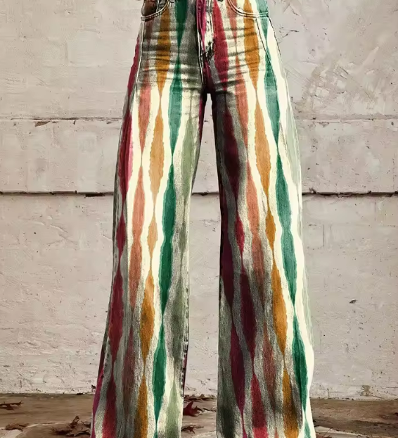 Boho elegant wide-leg pants with multicolor abstract pattern and elastic waistband