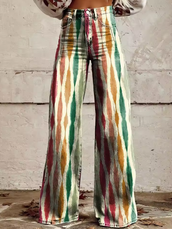 Boho elegant wide-leg pants with multicolor abstract pattern and elastic waistband