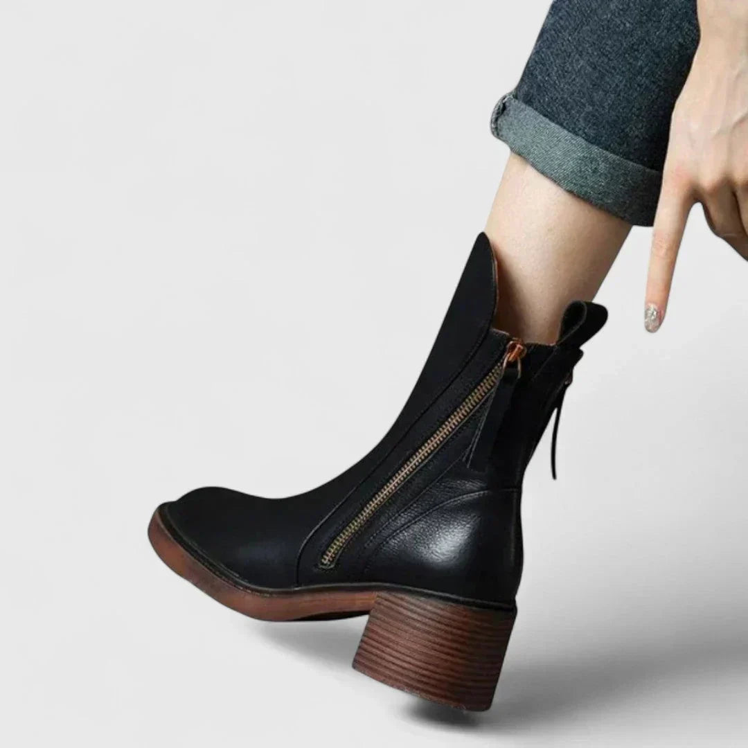 Black ankle boots with side zipper and lace tie, wooden block heel
