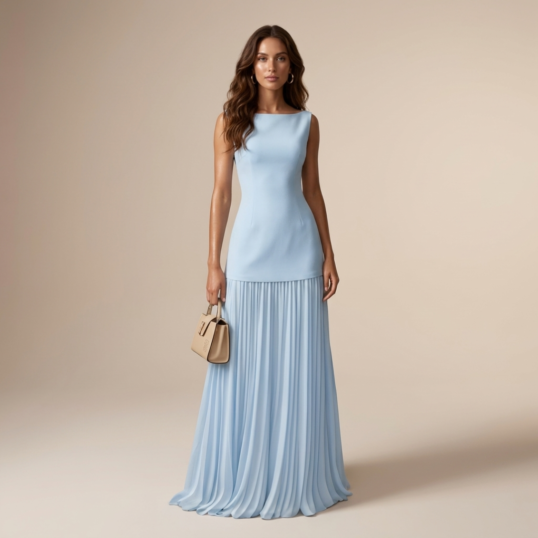 2-piece set with light blue sleeveless top and pleated light blue maxi skirt