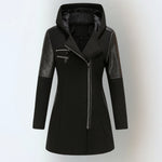 Women’s winter parka coat in black with hood, front zipper, quilted diamond sleeve panels