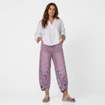 Mauve casual embroidered trousers with floral and butterfly hem embroidery