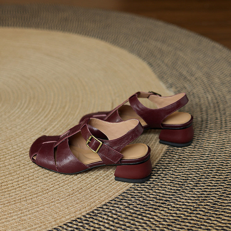 Amaya leather sandals, dark red/burgundy, two-piece strap design with buckle