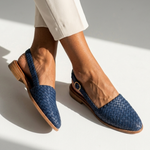 Blue woven leather summer loafers with round buckle strap and low wooden heel