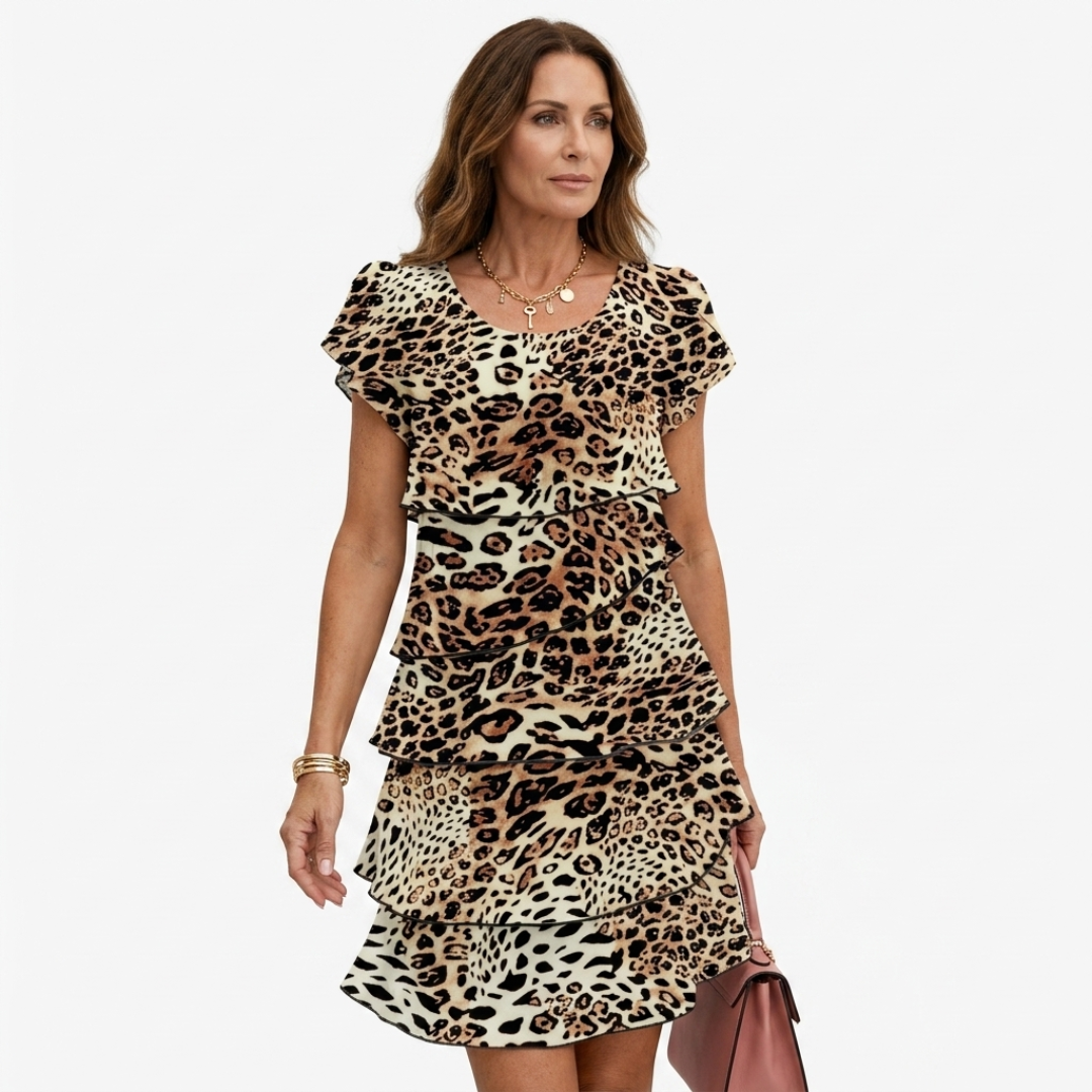 Leopard-print tiered ruffle mini dress, short sleeves, layered skirt