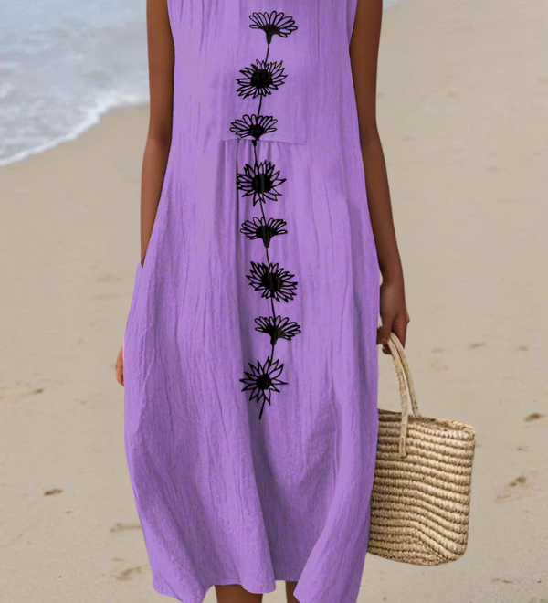 Emma™ violet midi dress, sleeveless with black daisy-like floral print
