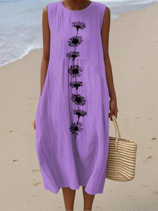 Emma™ violet midi dress, sleeveless with black daisy-like floral print