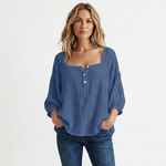 Linen blouse in navy blue with square neckline and button front, gathered puff sleeves