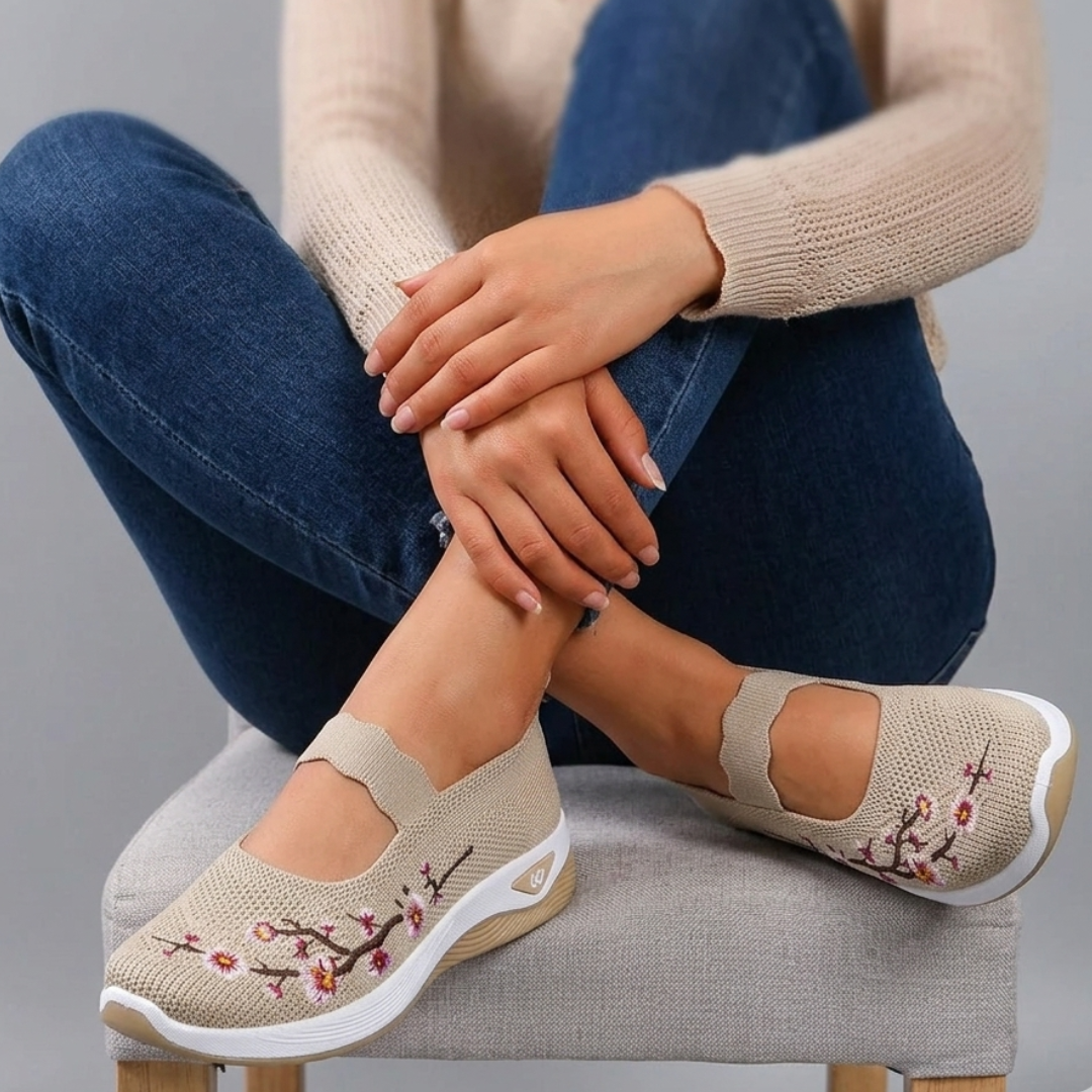 Cream knit summer slip-on orthopedic shoes with ankle opening and floral embroidery