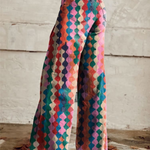 Women's wide-leg patterned pants, high-rise with colorful geometric print and belt loops