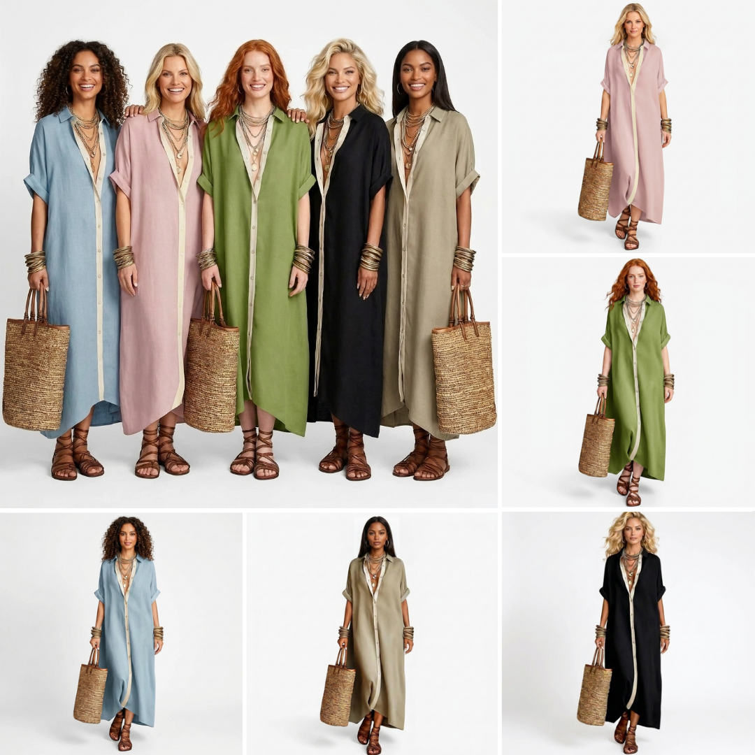 Comfort shirt dress in multiple colors, V-neck button front, short sleeves, side slits