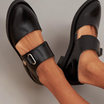 Black Mary Jane flats with adjustable strap across the top and rounded toe