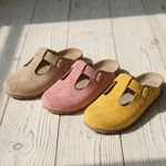 Suede slide clogs set with square buckle straps in beige, pink, and yellow
